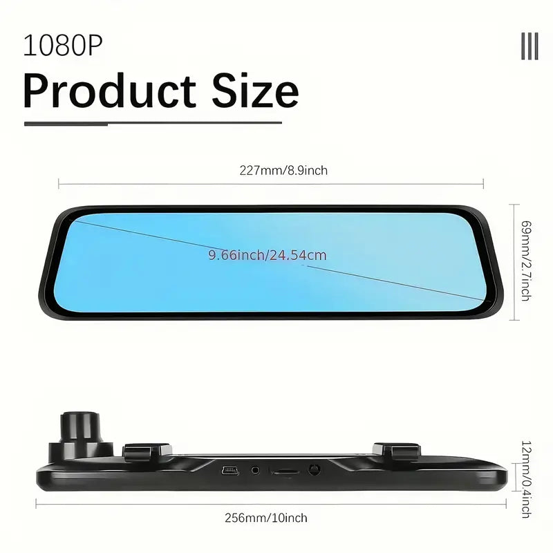 Cámara de Espejo para Auto con Pantalla Táctil IPS 4K, Cámaras Delantera y Trasérra, 9.66 Pulgadas. Ángulo Amplio 170°+ 140", Visión Nocturna, Sensor G., Grabación en Bucle. 170º +140 º Grados Gran Angular Lente AHD Para Vehículos Y Flotillas