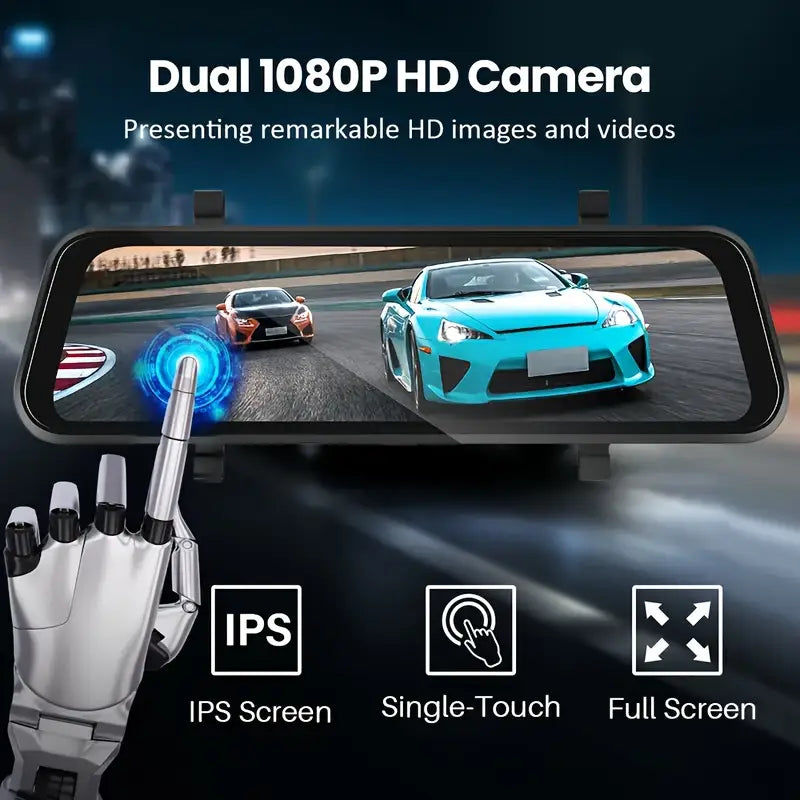 Cámara de Espejo para Auto con Pantalla Táctil IPS 4K, Cámaras Delantera y Trasérra, 9.66 Pulgadas. Ángulo Amplio 170°+ 140", Visión Nocturna, Sensor G., Grabación en Bucle. 170º +140 º Grados Gran Angular Lente AHD Para Vehículos Y Flotillas