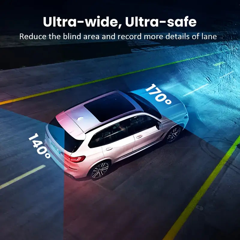 Cámara de Espejo para Auto con Pantalla Táctil IPS 4K, Cámaras Delantera y Trasérra, 9.66 Pulgadas. Ángulo Amplio 170°+ 140", Visión Nocturna, Sensor G., Grabación en Bucle. 170º +140 º Grados Gran Angular Lente AHD Para Vehículos Y Flotillas
