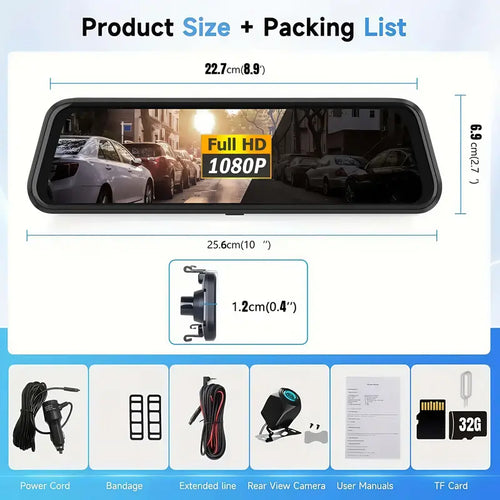 Cámara de Espejo para Auto con Pantalla Táctil IPS 4K, Cámaras Delantera y Trasérra, 9.66 Pulgadas. Ángulo Amplio 170°+ 140", Visión Nocturna, Sensor G., Grabación en Bucle. 170º +140 º Grados Gran Angular Lente AHD Para Vehículos Y Flotillas
